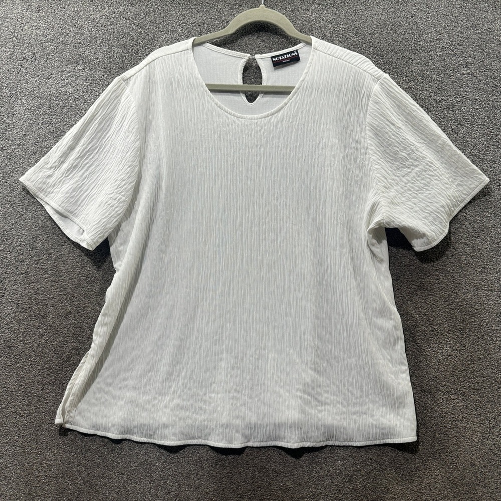 VTG Notations Blouse Top Women 2X White Crinkle Plisse Short Sleeve USA Made